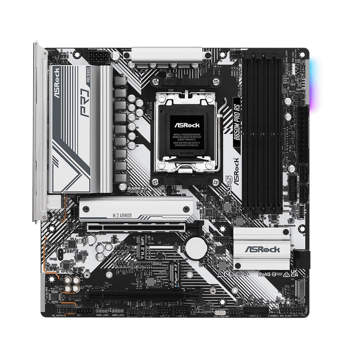 ASRock B650M Pro RS AMD AM5 Socket Motherboard, Micro-ATX, 4x DDR5 Slots, 3x M.2 Sockets, Fitted I/O Shield, 2.5GbE LAN, 1x DisplayPort / 1x HDMI Port