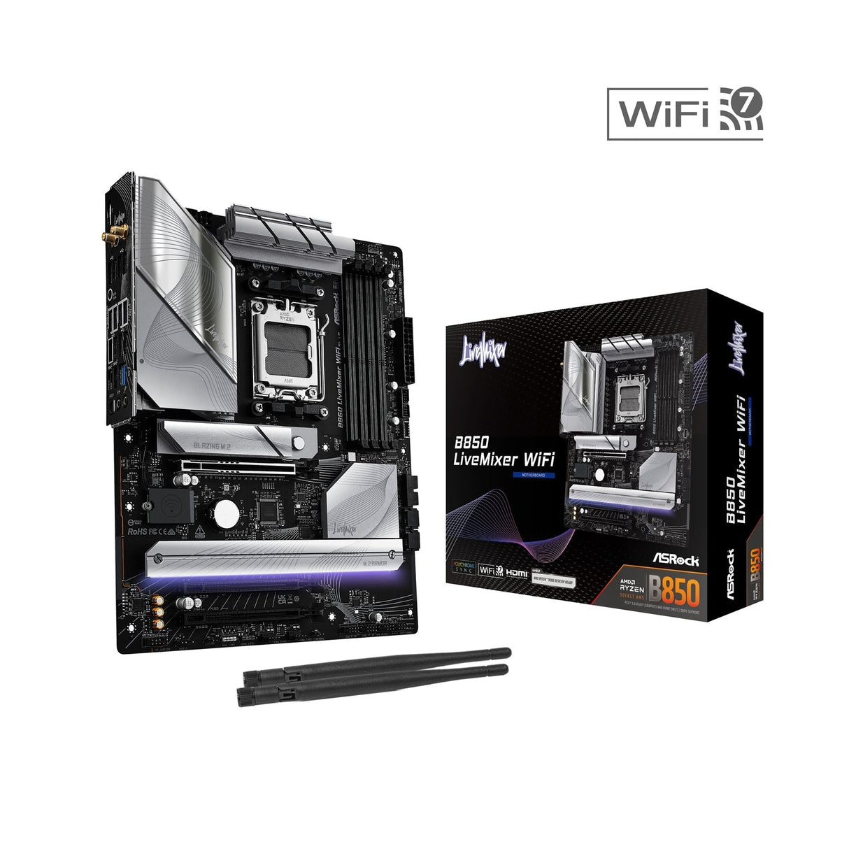ASRock B850 LiveMixer WiFi AMD AM5 Socket Motherboard, ATX, 4x DDR5 Slots, 3x M.2 Sockets, Fitted I/O Shield, 2.5GbE LAN, Wi-Fi 7, 1x DisplayPort / 1x HDMI Port