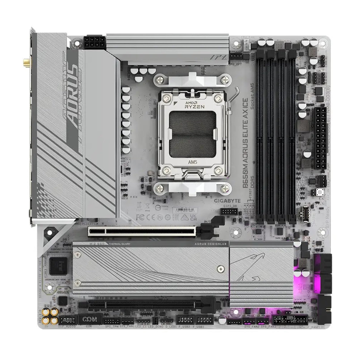 Gigabyte B650M AORUS ELITE AX ICE AMD AM5 Socket Motherboard, Micro-ATX, 4x DDR5 Slots, 2x M.2 Sockets, Fitted I/O Shield, 2.5GbE LAN, Wi-Fi 6E, 1x DisplayPort / 1x HDMI Port