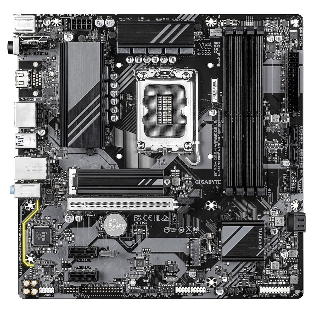 Gigabyte B760M DS3H WIFI6E GEN5 Intel 1700 Socket Motherboard, Micro-ATX, 4x DDR5 Slots, 2x M.2 Socket, 2.5GbE LAN, Wi-Fi 6E, 1x HDMI Port / 2x DisplayPort