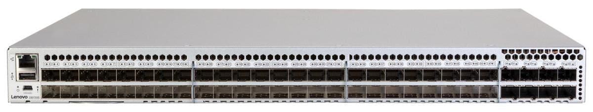 Lenovo 24 ports active with 32Gb SWL SFPs, 2 power supplies (Port side exhaust), rail kit, Software: Fabric Vision, Trunking, Integrated Routing, Extended Fabric