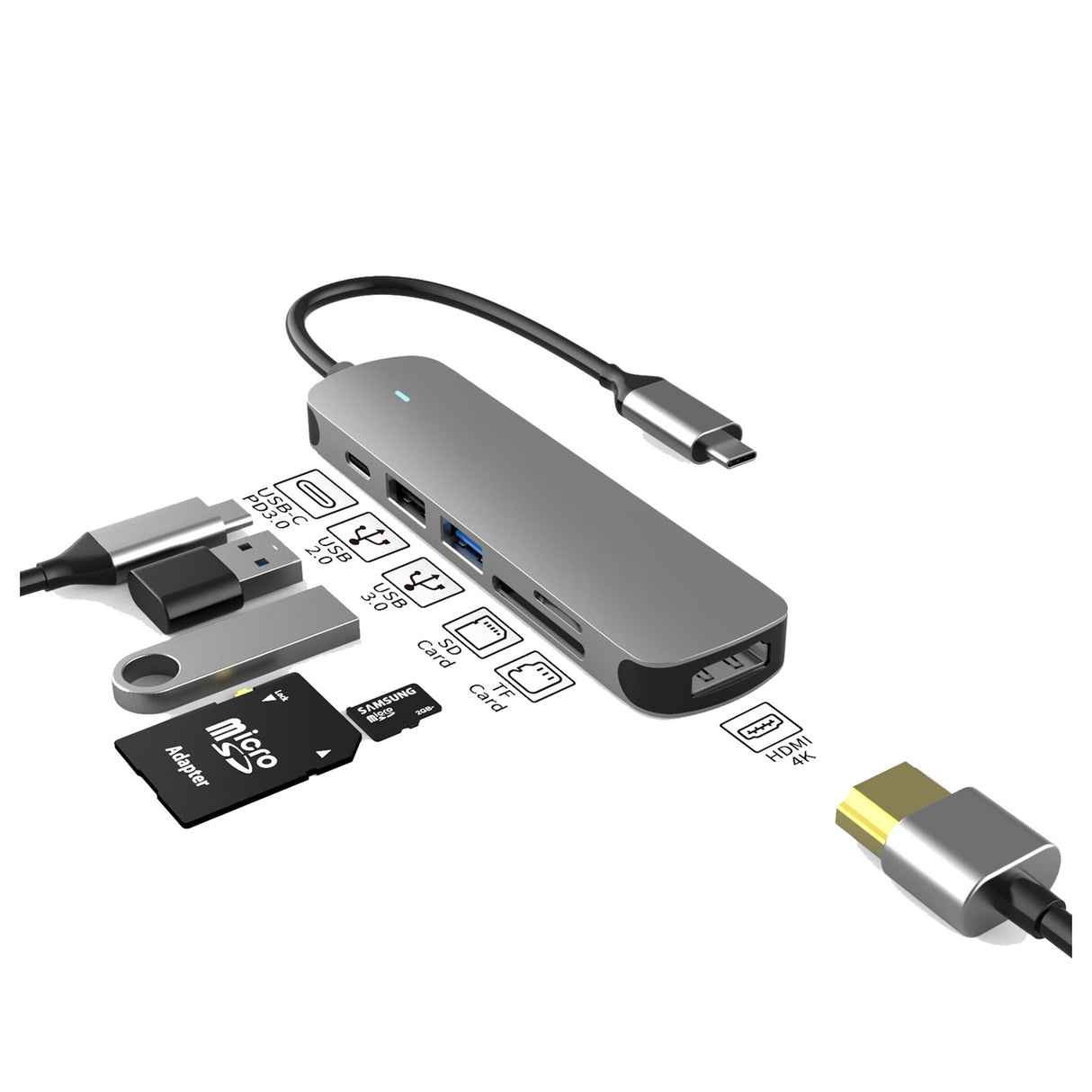 Prevo C605A 6-In-1 USB-C 4K Media and Data Transfer Hub Docking Station with 60W Passthrough, USB-C, HDMI, SD, USB-A for PC, Laptop, Tablet - Windows and Mac iOS Compatible