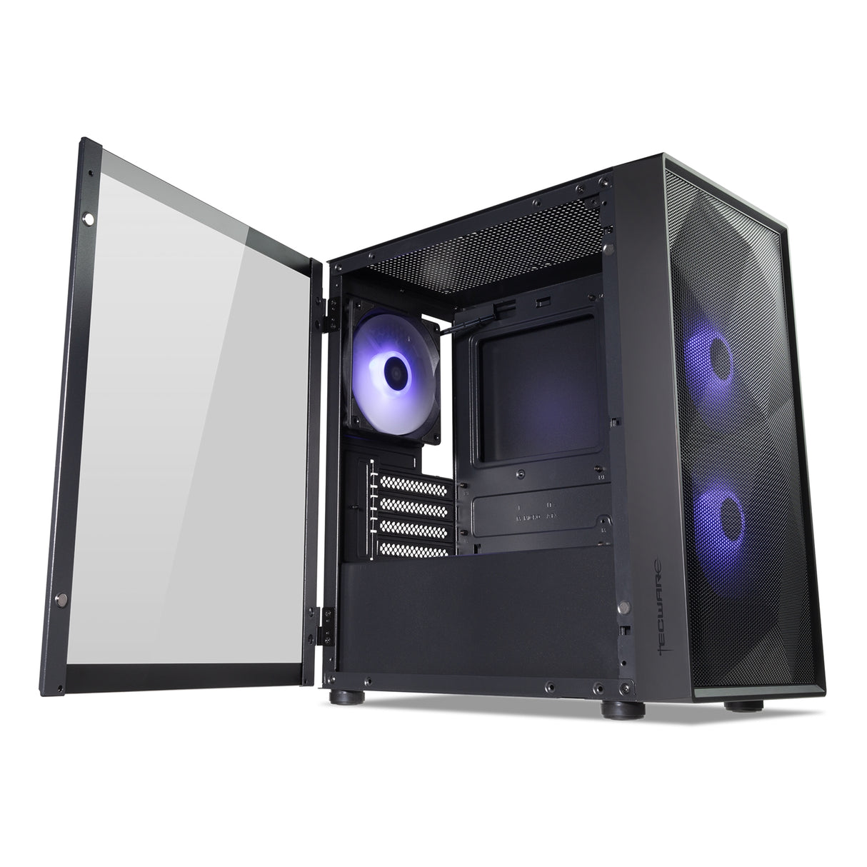 TecWare Forge M2 mATX PC Case, Compact High Airflow Mesh Front Panel, 3 x ARGB Fans Included, Hinged Tempered Glass Door, Supports 240mm Radiator, mATX/ITX, Black
