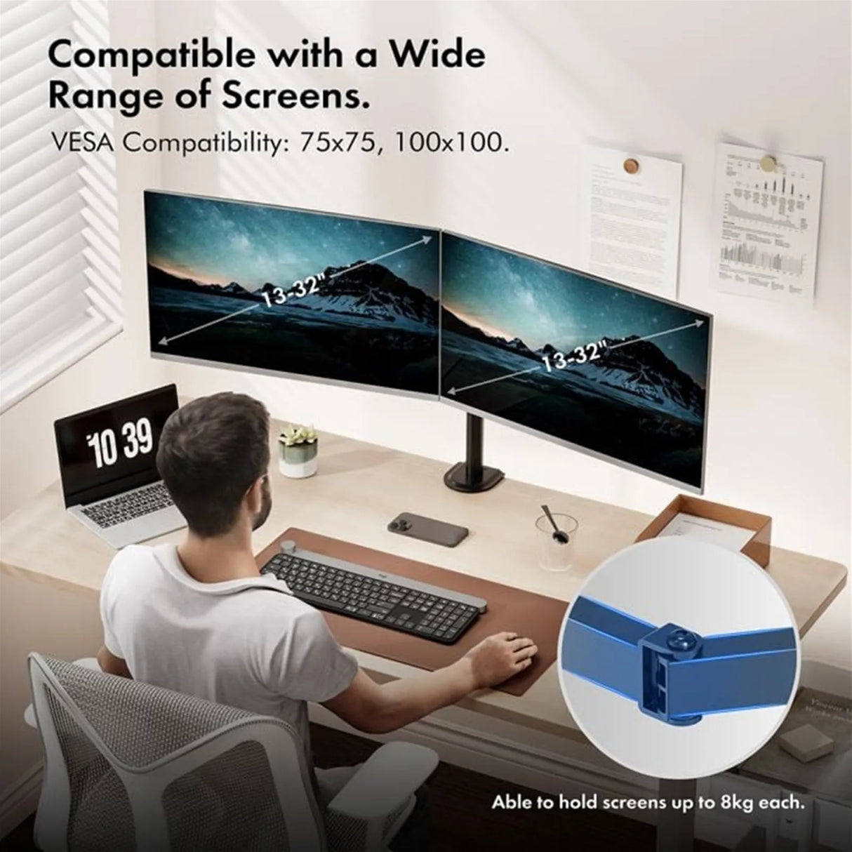 VonHaus Dual Monitor Stand for 13-32 Inch Screens, Twin Monitor Mount with Desk Clamp, Height Adjustable, Easy Assemble Stand with Full Tilt, Rotation & Swivel Arms, VESA 75x75 & 100x100mm