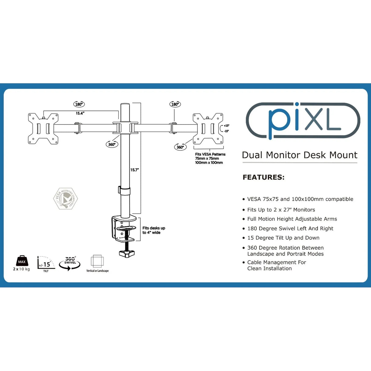 piXL Desk-Mounted Fully-Adjustable Dual Monitor Arm for Screens Up To 27 inch with VESA Mount & Built-In Cable Management