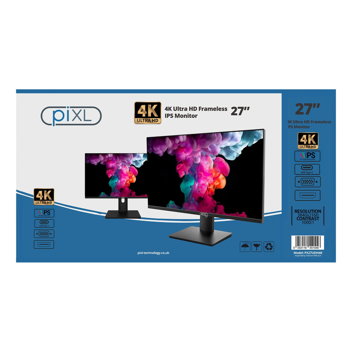 piXL PX27UDH4K 27 Inch 60Hz 4K IPS Monitor with 3840 x 2160 Resolution, 5ms Response Time, 60Hz Refresh Rate, USB-C, USB-B, USB-A, HDMI, Display Port & VESA Mount