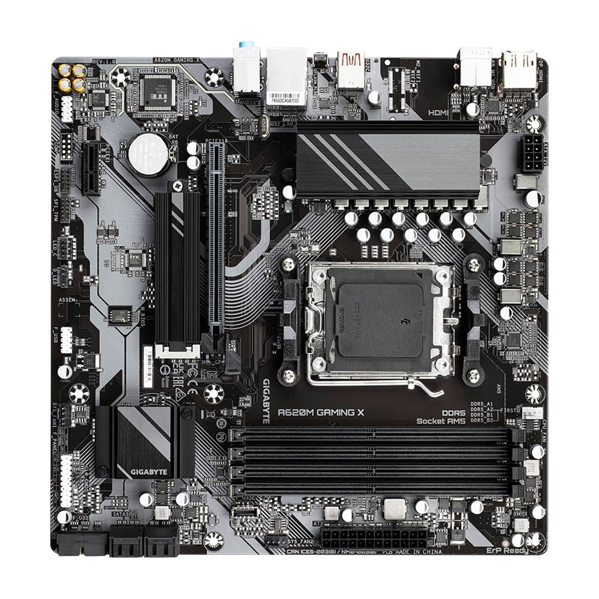 Gigabyte A620M GAMING X AMD AM5 Socket Motherboard, Micro-ATX, 4x DDR5 Slots, 1x M.2 Socket, GbE LAN, 1x DisplayPort / 1x HDMI Port