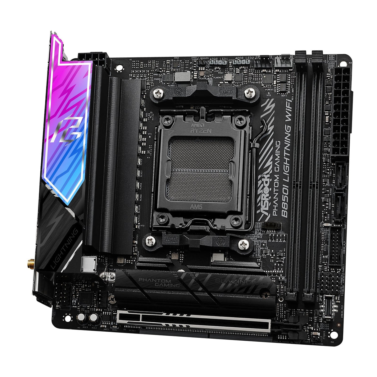 ASRock B850I Lightning WiFi PHANTOM GAMING AMD AM5 Socket Motherboard, Mini-ITX, 2x DDR5 Slots, 2x M.2 Sockets, Fitted I/O Shield, 2.5GbE LAN, Wi-Fi 6E, 1x HDMI Port / 1x USB-C