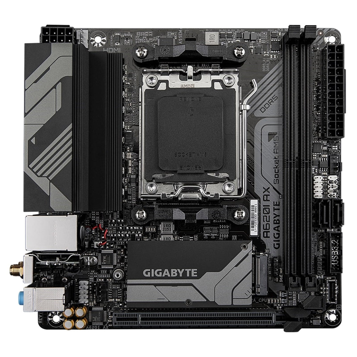Gigabyte A620I AX (rev. 1.0) AMD AM5 Socket Motherboard, Mini-ITX, 2x DDR5 Slots, 1x M.2 Socket, 2.5GbE LAN, Wi-Fi 6E, 1 x DisplayPort / 1x HDMI Port