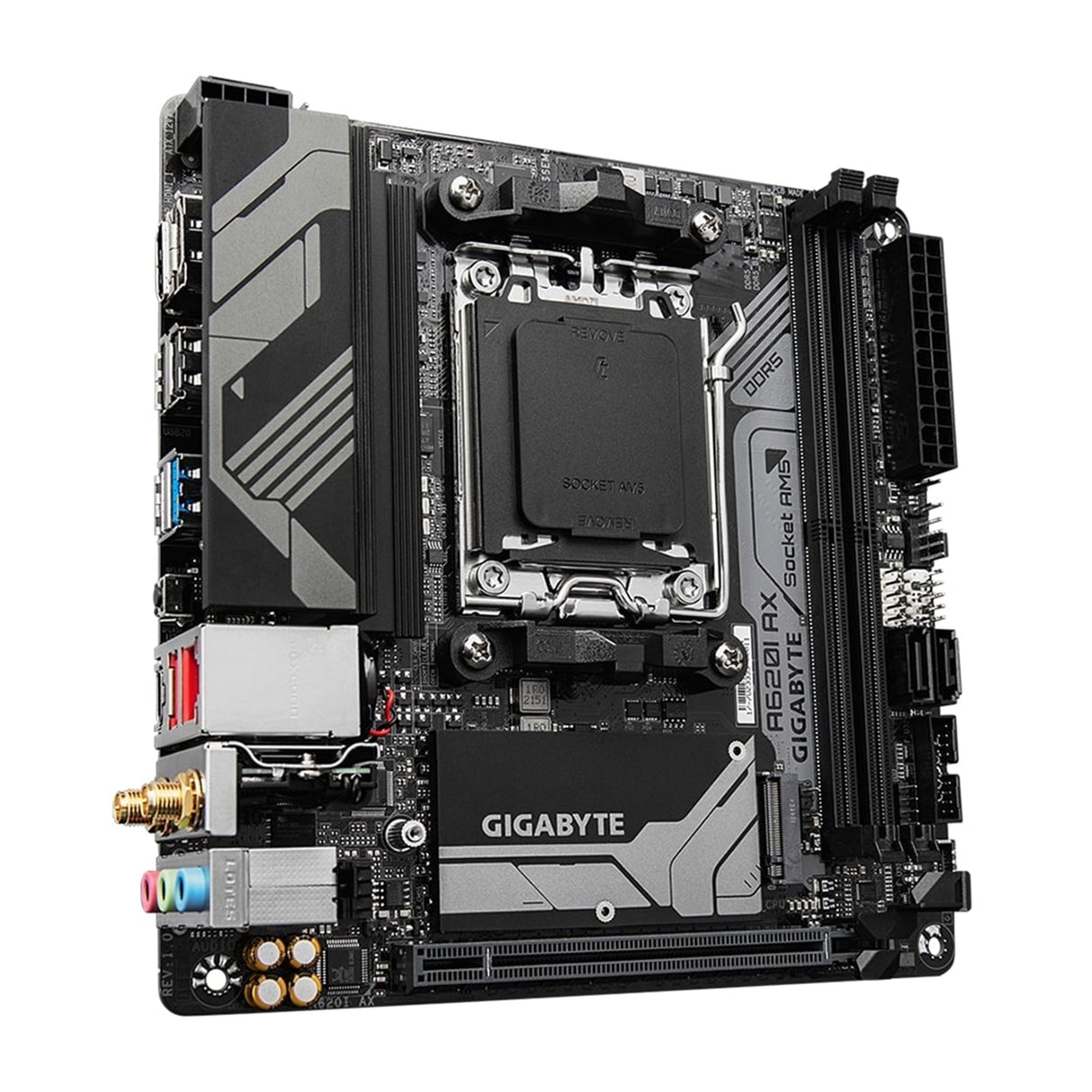 Gigabyte A620I AX (rev. 1.0) AMD AM5 Socket Motherboard, Mini-ITX, 2x DDR5 Slots, 1x M.2 Socket, 2.5GbE LAN, Wi-Fi 6E, 1 x DisplayPort / 1x HDMI Port
