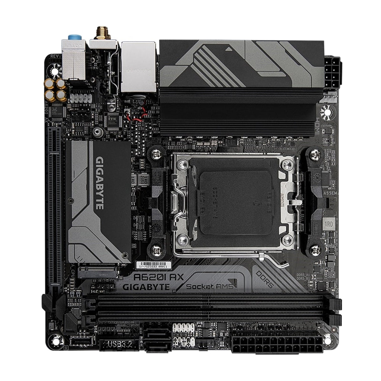 Gigabyte A620I AX (rev. 1.0) AMD AM5 Socket Motherboard, Mini-ITX, 2x DDR5 Slots, 1x M.2 Socket, 2.5GbE LAN, Wi-Fi 6E, 1 x DisplayPort / 1x HDMI Port