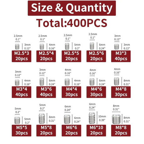 400pcs Grub Screw Assortment