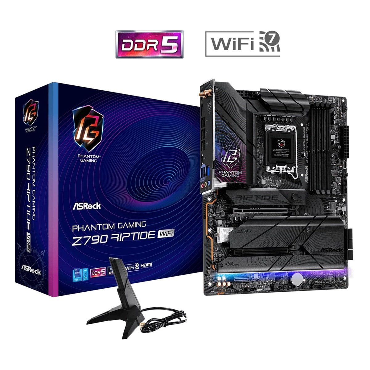ASRock Z790 Riptide WiFi PHANTOM GAMING Intel 1700 Socket Motherboard, ATX, 4x DDR5 Slots, 5x M.2 Sockets, Fitted I/O Shield, 2.5GbE LAN, Wi-Fi 7, 1x DisplayPort / 1x HDMI Port