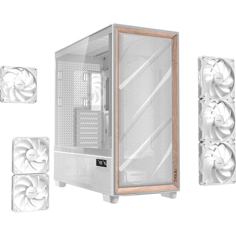 Antec Flux PRO Full Tower PC Case with Tempered Glass, White/Wood, 6 Pre-Installed Fans, USB Type-C, E-ATX/ATX/mATX/mITX Compatibility