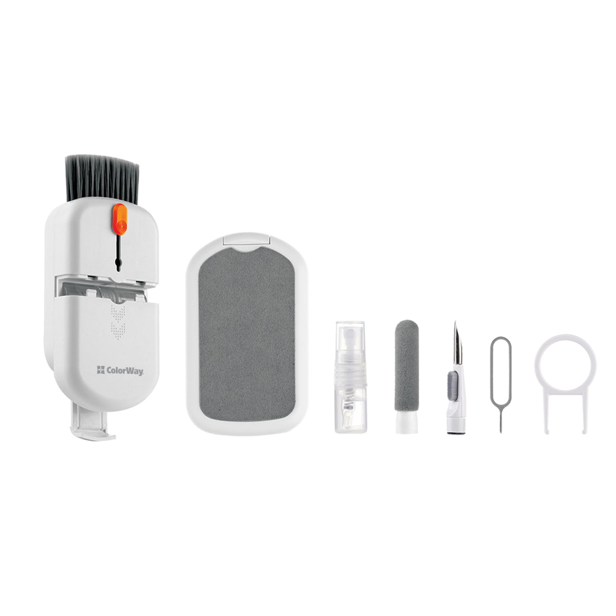 ColorWay CW-1111 10-in-1 Electronics Cleaning Kit Designed For Safely Cleaning Headphones, Keyboards, Screens and Cameras. Includes A Retractable Brush, Flocked Sponge, Microfiber Wipes, Screen Cleaner Spray, Key Remover, In A Compact Case Featuring A Pho