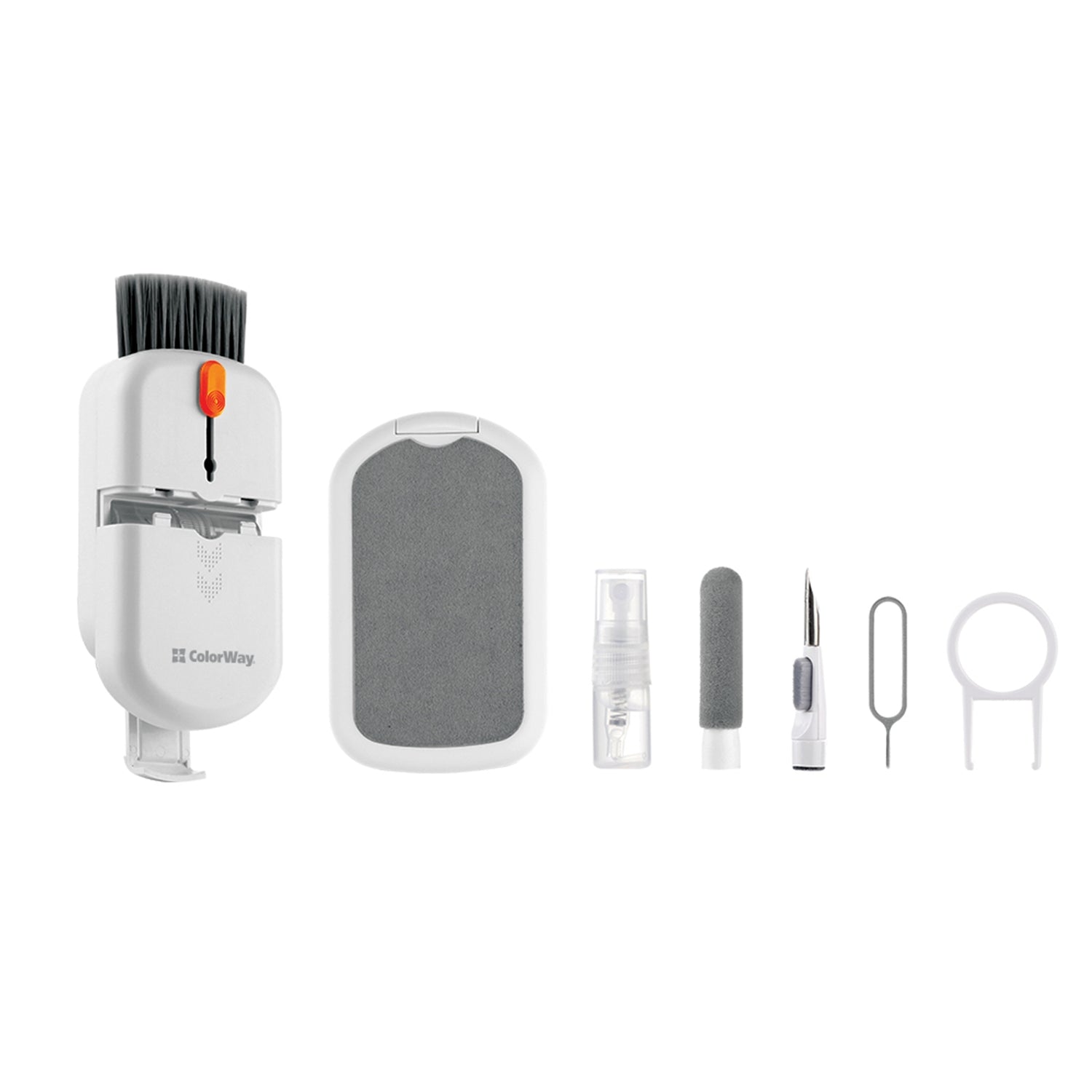 ColorWay CW-1111 10-in-1 Electronics Cleaning Kit Designed For Safely Cleaning Headphones, Keyboards, Screens and Cameras. Includes A Retractable Brush, Flocked Sponge, Microfiber Wipes, Screen Cleaner Spray, Key Remover, In A Compact Case Featuring A Pho