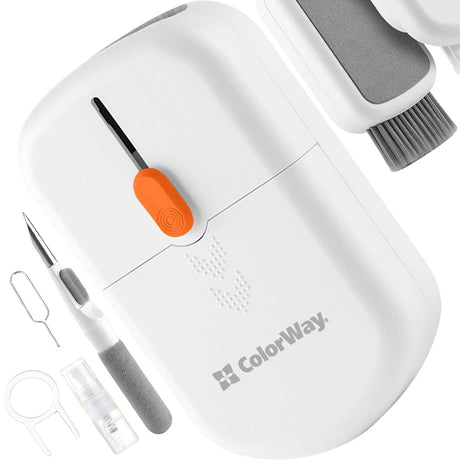 ColorWay CW-1111 10-in-1 Electronics Cleaning Kit Designed For Safely Cleaning Headphones, Keyboards, Screens and Cameras. Includes A Retractable Brush, Flocked Sponge, Microfiber Wipes, Screen Cleaner Spray, Key Remover, In A Compact Case Featuring A Pho