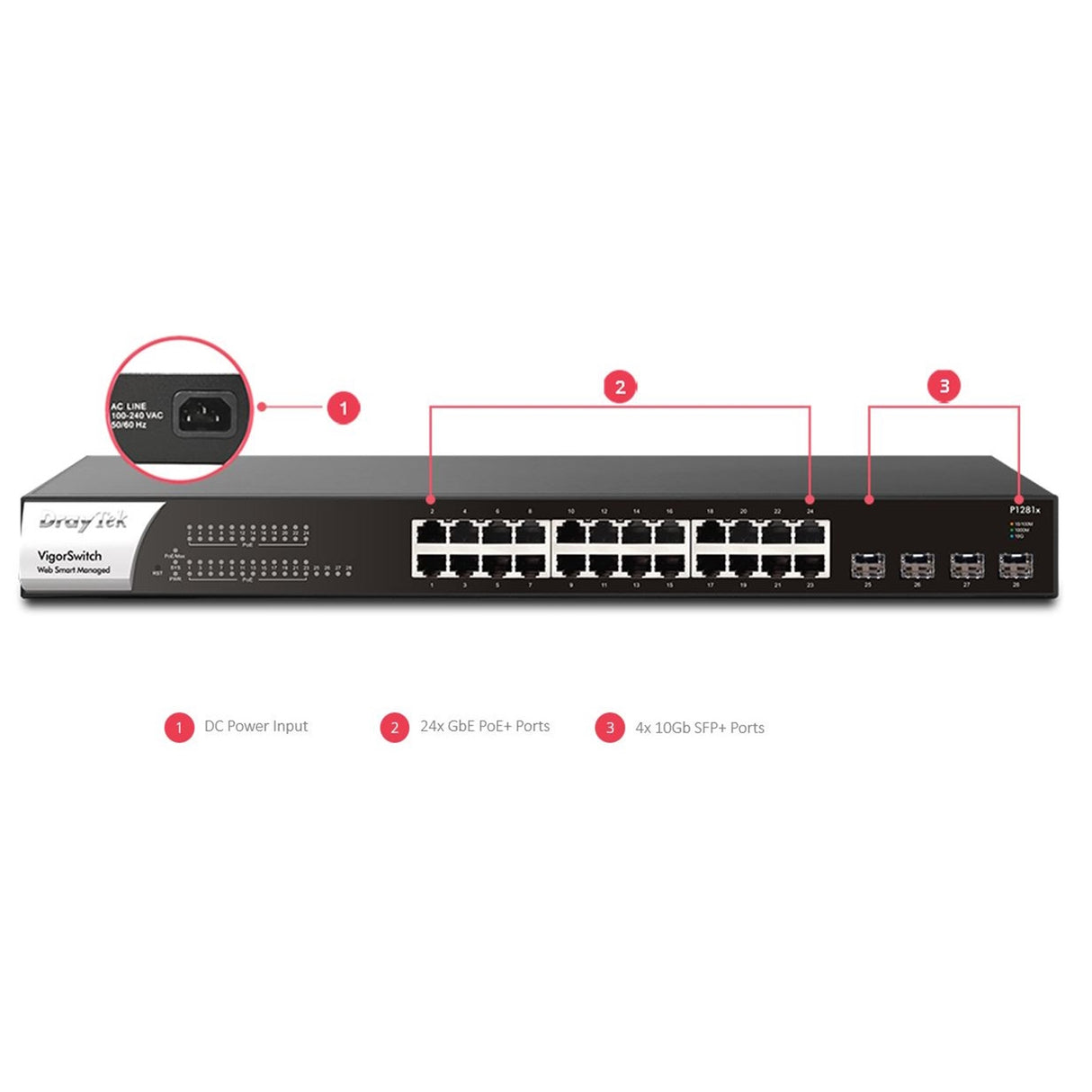 DrayTek VSP1281X-K VigorSwitch P1281x 24 Port Gigabit POE Smart Managed Switch with 4x 10GbE SFP Ports
