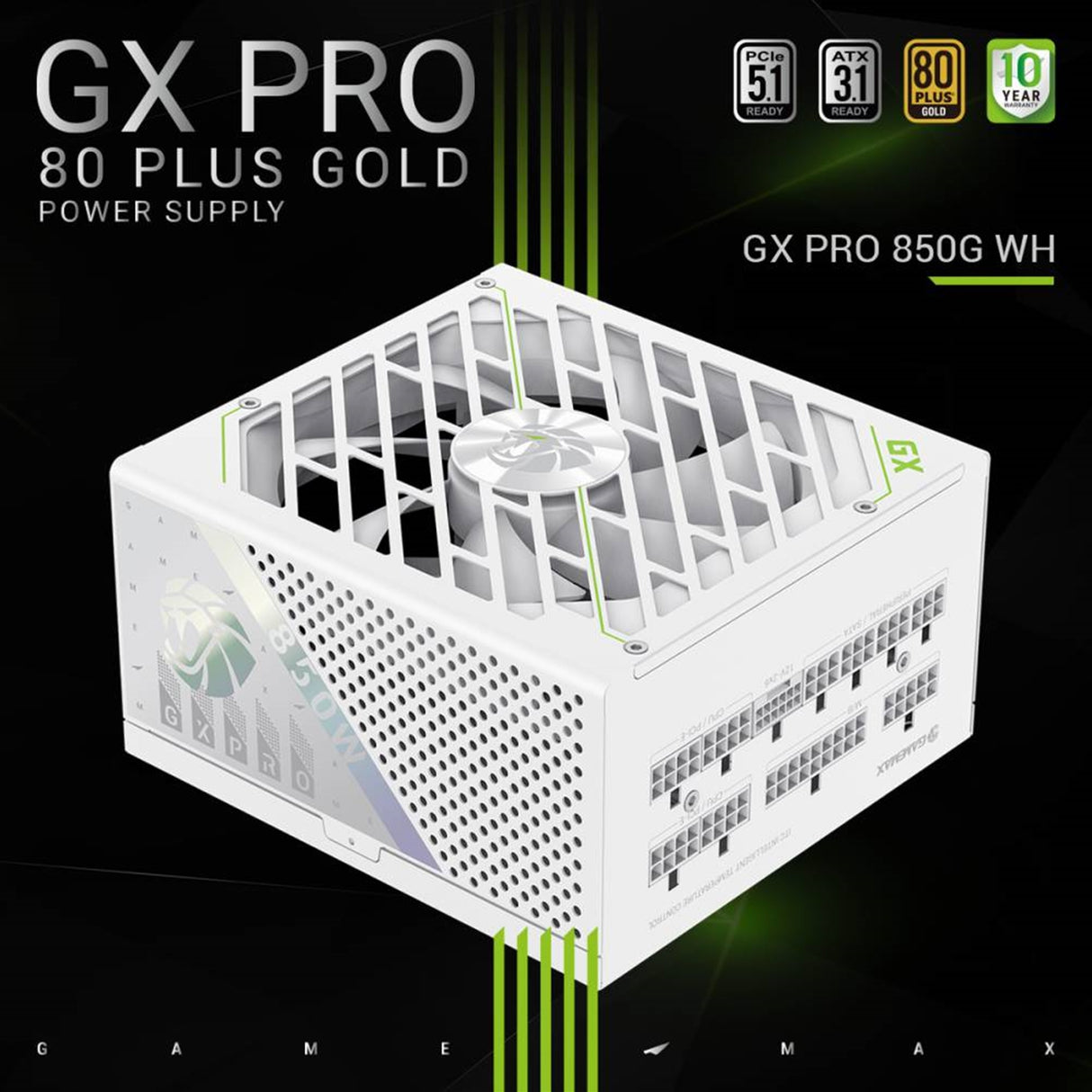 GAMEMAX GX-850 Pro Modular 80 Plus Gold ATX3.0 PCIe 5.0 PSU With 135mm FDB Fan, White