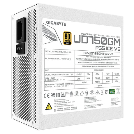 GIGABYTE GP-UD750GM 750W V2 ICE, 80 Plus Gold Certified Fully Modular Power Supply, PCIe Gen 5.1, 80 PLUS Gold, Fully Modular Design, 120mm Fan, ATX 3.1 compatible, UK Plug