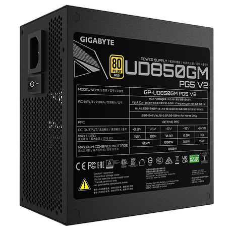 GIGABYTE GP-UD850GM 850W V2, 80 Plus Gold Certified Fully Modular Power Supply, PCIe Gen 5.1, 80 PLUS Gold, Fully Modular Design, 120mm Fan, ATX 3.1 compatible, UK Plug