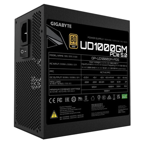 GIGABYTE UD1000GM PG5 1000W PSU, 120mm Smart Hydraulic Bearing Fan, 80 PLUS Gold, Fully Modular, UK Plug, High-Quality Japanese Capacitors, Support for PCIe Gen 5.0 Graphics Cards with High Quality Native 16-pin Cable