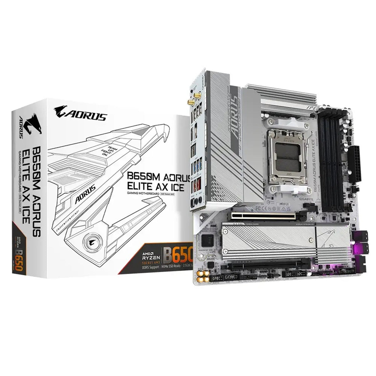 Gigabyte B650M AORUS ELITE AX ICE AMD AM5 Socket Motherboard, Micro-ATX, 4x DDR5 Slots, 2x M.2 Sockets, Fitted I/O Shield, 2.5GbE LAN, Wi-Fi 6E, 1x DisplayPort / 1x HDMI Port