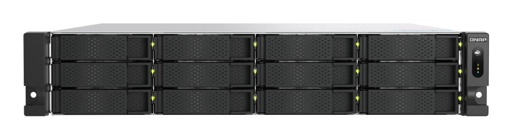 QNAP 2U 12-bay 3.5" SATA HDD NAS, AMD Ryzen 5 7000 series 6C12T (5.1 GHz Max), 16GB DDR5 non-ECC RAM (max. 192GB), 2x M.2 2280 PCIe Gen5 x2, 2x 10GBASE-T + 2x 2.5 GbE RJ45, 3 x PCIe Gen 4, 2 x 550W RPS