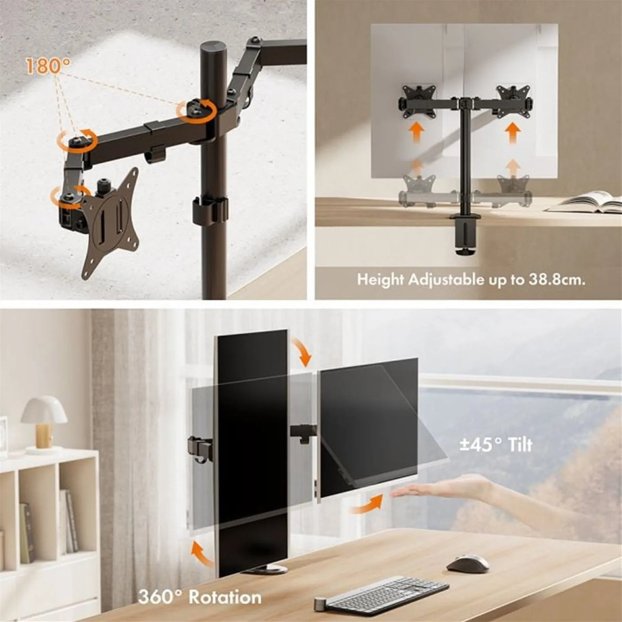VonHaus Dual Monitor Stand for 13-32 Inch Screens, Twin Monitor Mount with Desk Clamp, Height Adjustable, Easy Assemble Stand with Full Tilt, Rotation & Swivel Arms, VESA 75x75 & 100x100mm