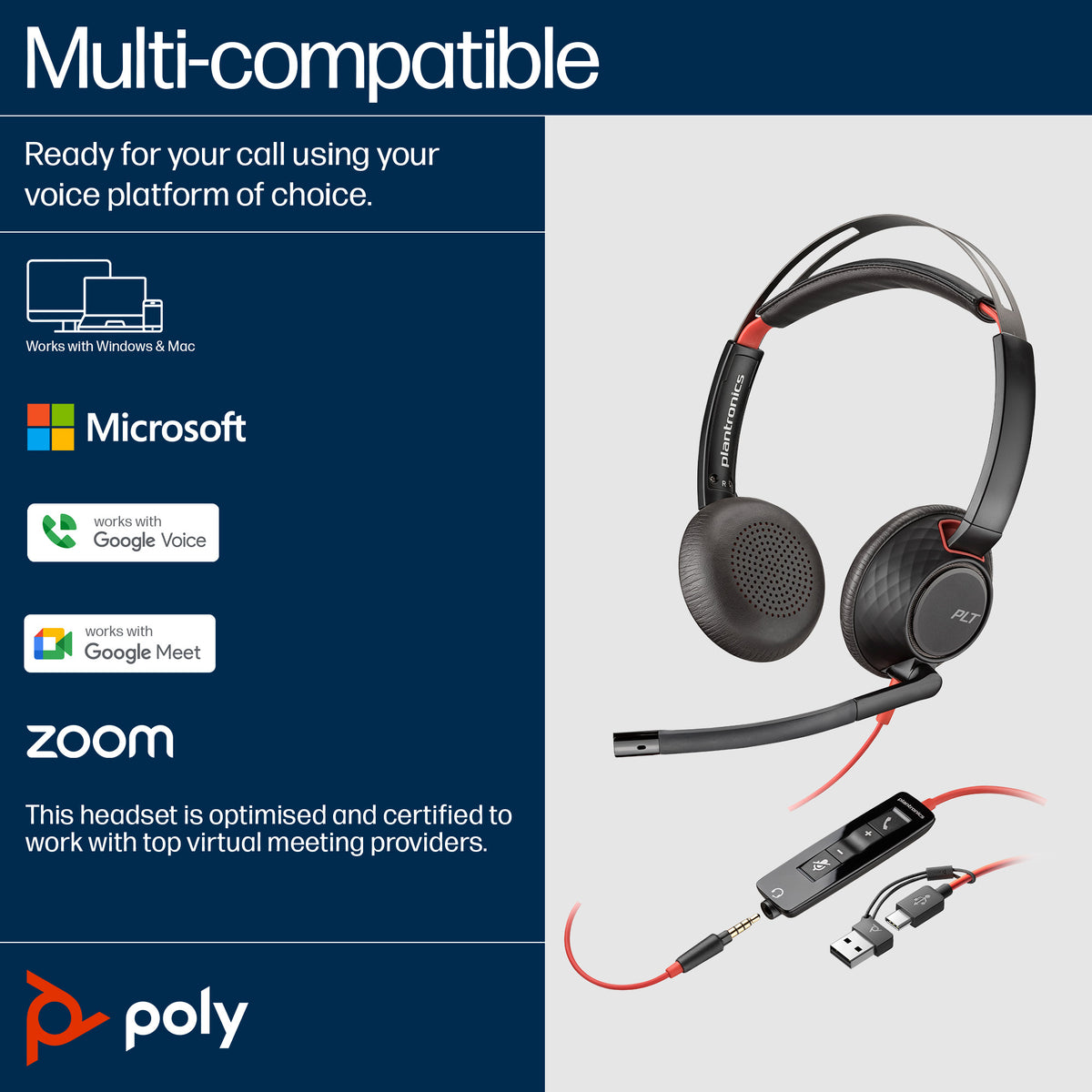 HP Poly Blackwire 5220 Stereo USB-C Headset +3.5mm Plug +USB-C/A Adapter
