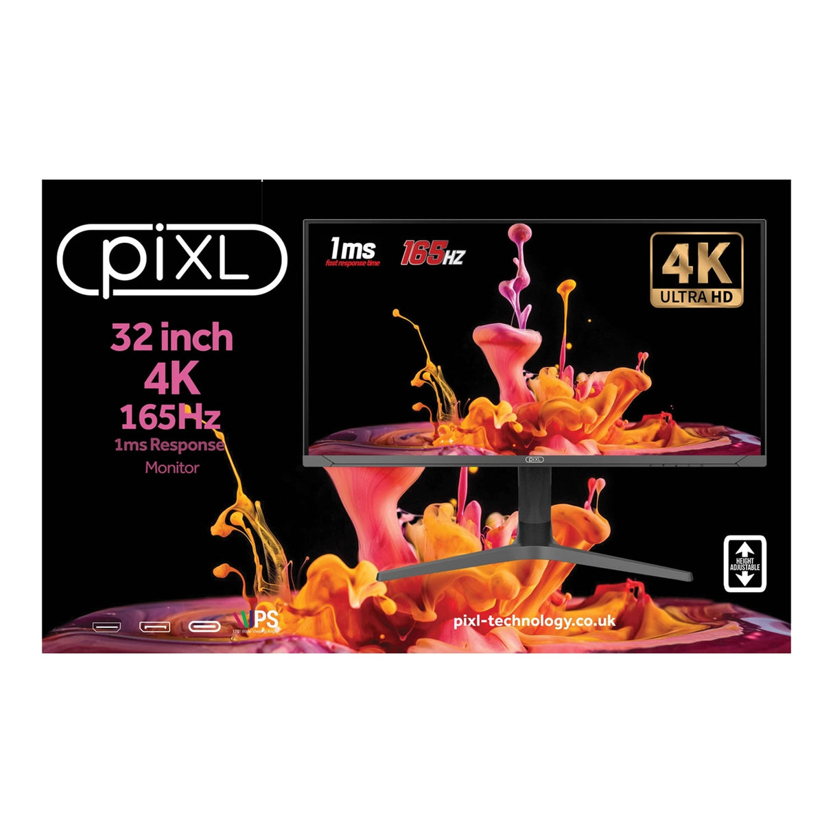 piXL CM32G7 32 Inch 144Hz 4K Widescreen IPS Gaming Monitor with AMD FreeSync & Nvidia G-Sync, 3840 x 2160 Resolution, 1ms Response Time, 144Hz Refresh Rate, HDMI, DisplayPort, USB-C, USB-A, RGB Lighting, VESA Mount & Height Adjust