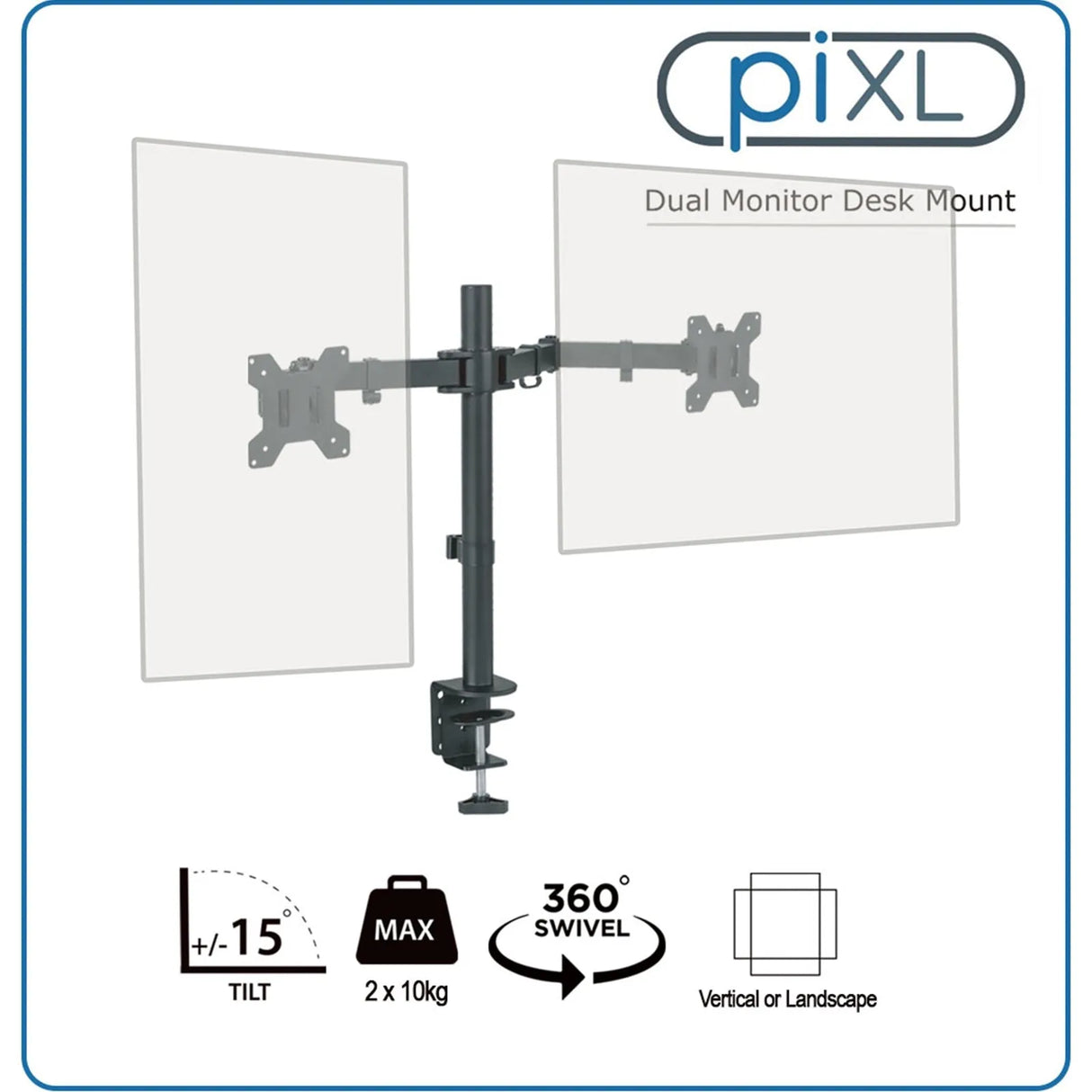 piXL Desk-Mounted Fully-Adjustable Dual Monitor Arm for Screens Up To 27 inch with VESA Mount & Built-In Cable Management