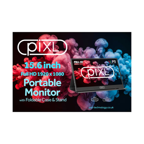 piXL PM156C 15.6 Inch 60Hz Full HD IPS Widescreen Portable Monitor with USB-C, Mini HDMI & Speakers with Foldable Case & Stand