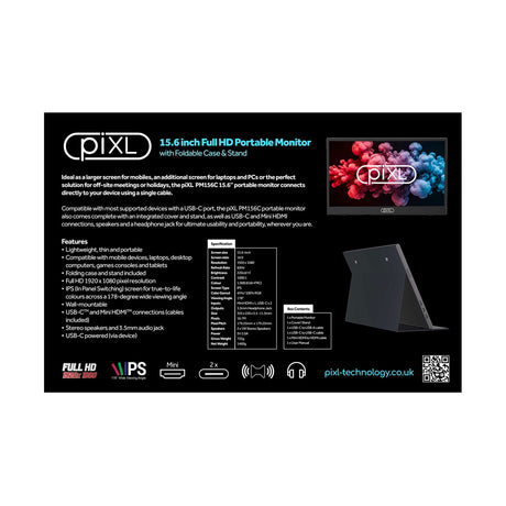 piXL PM156C 15.6 Inch 60Hz Full HD IPS Widescreen Portable Monitor with USB-C, Mini HDMI & Speakers with Foldable Case & Stand