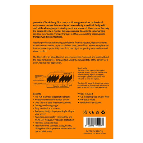 prevo 15.6 Inch Laptop Privacy Screen/ Privacy Filter, Anti-Glare, Anti-Peep, Anti-Static, Blackout